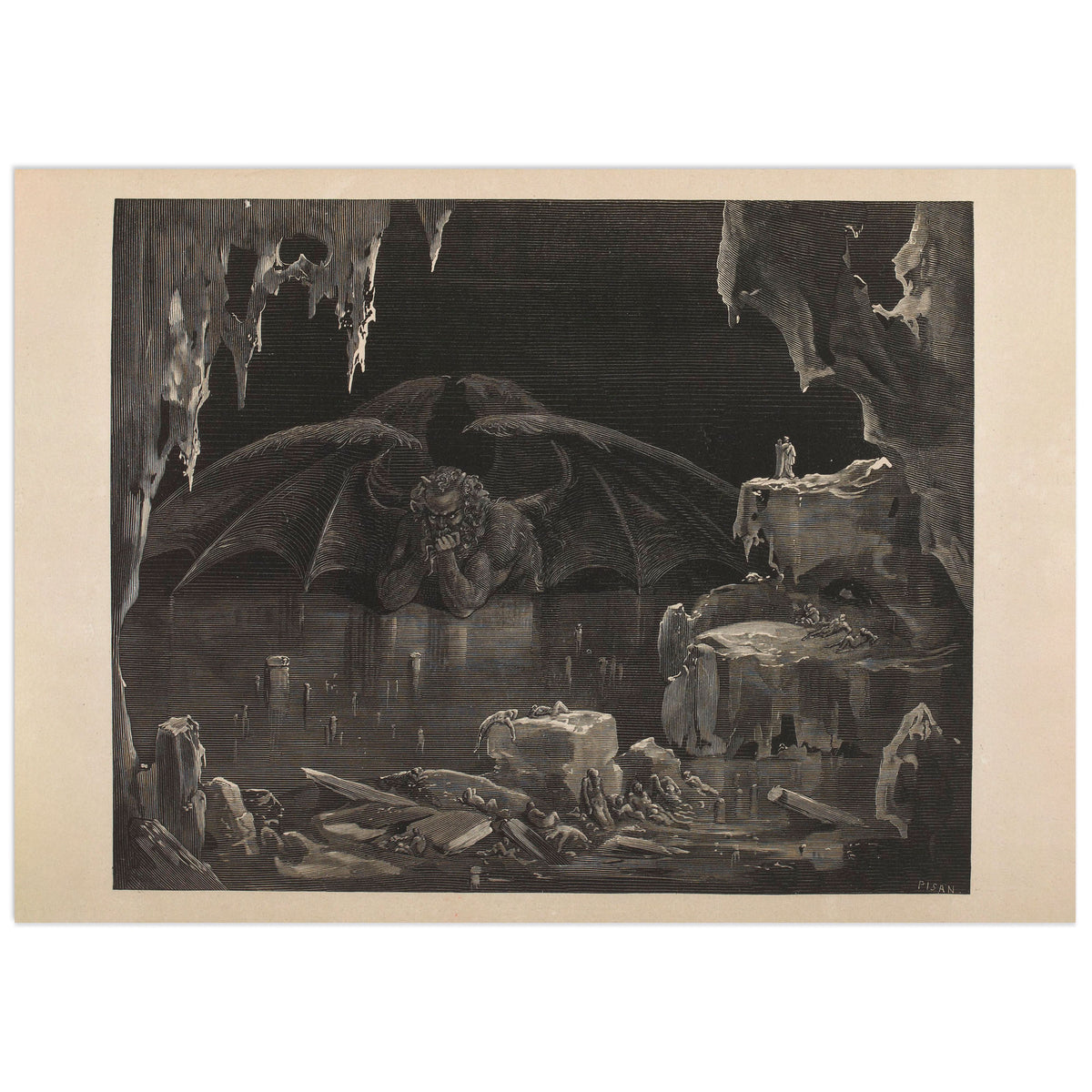 Lucifer by Gustave Doré: a giant horned demon with vast outspread bat wings broods with his chin on his fists in a immense cavern hung with stalactites, above a frozen plain of broken slabs and trapped figures, while two tiny travellers watch from a ledge on the right