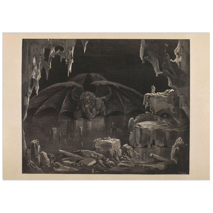 Lucifer by Gustave Doré: a giant horned demon with vast outspread bat wings broods with his chin on his fists in a immense cavern hung with stalactites, above a frozen plain of broken slabs and trapped figures, while two tiny travellers watch from a ledge on the right