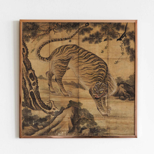 Traditional Korean minhwa painting of a tiger with bold stripes, glaring expression, and a magpie in a pine tree, Joseon dynasty  in a natural setting with a wooden frame.
