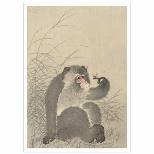 A seated monkey holds a dragonfly gently on its hand, gazing at it with gentle curiosity. Rendered in muted tones without black outline, the print emphasizes subtle feather and insect detail. Reproduction of the Japanese woodblock "Monkey Holding a Dragonfly" by Ohara Koson. Unframed

