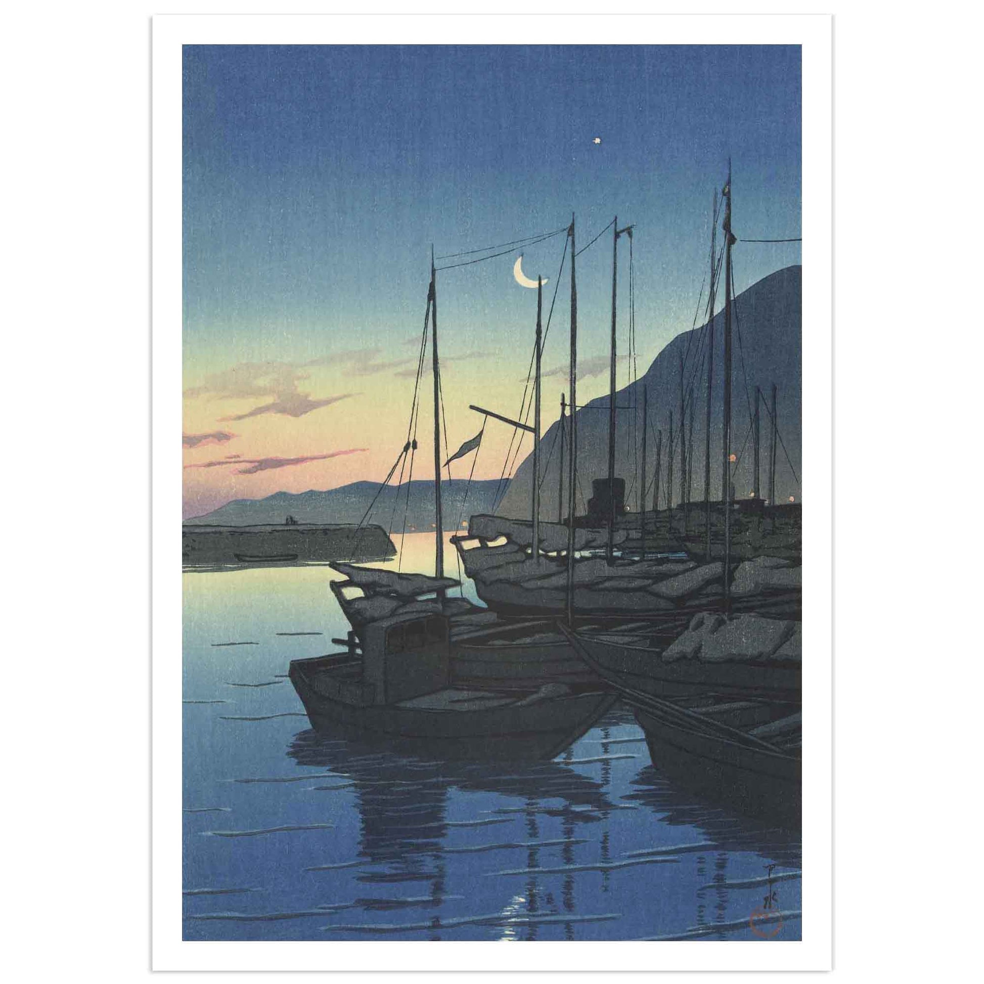 A Japanese woodblock print depicting a serene harbor scene at dusk with several boats and a glowing moon.