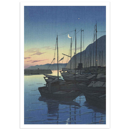 A Japanese woodblock print depicting a serene harbor scene at dusk with several boats and a glowing moon.