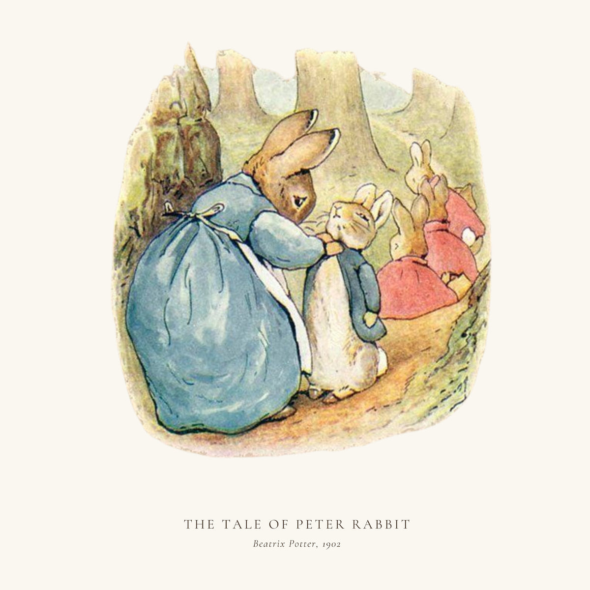 Vintage-style illustrated book cover or print showing Peter Rabbit with his mother and father in a forest scene, with the title text 'THE TALE OF PETER RABBIT' and 'Beatrix Potter, 1902' below on a cream background.