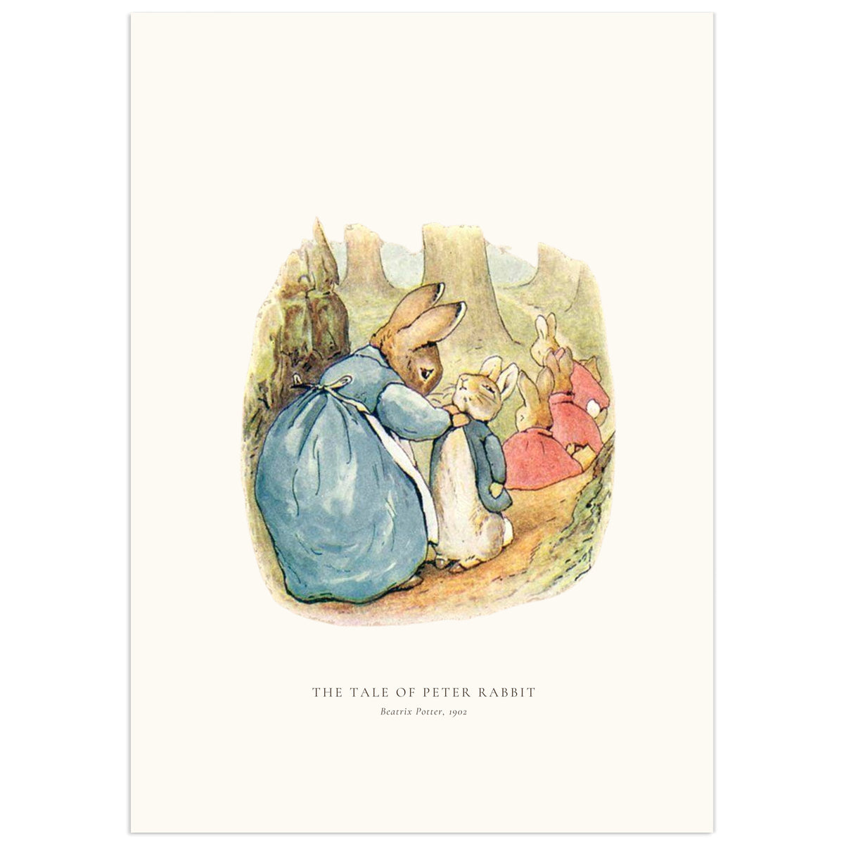 Beatrix Potter illustration of Mrs Rabbit in a long blue dress bending to straighten the collar of Peter Rabbit's blue jacket on a woodland path, while his three sisters in red cloaks walk away behind them