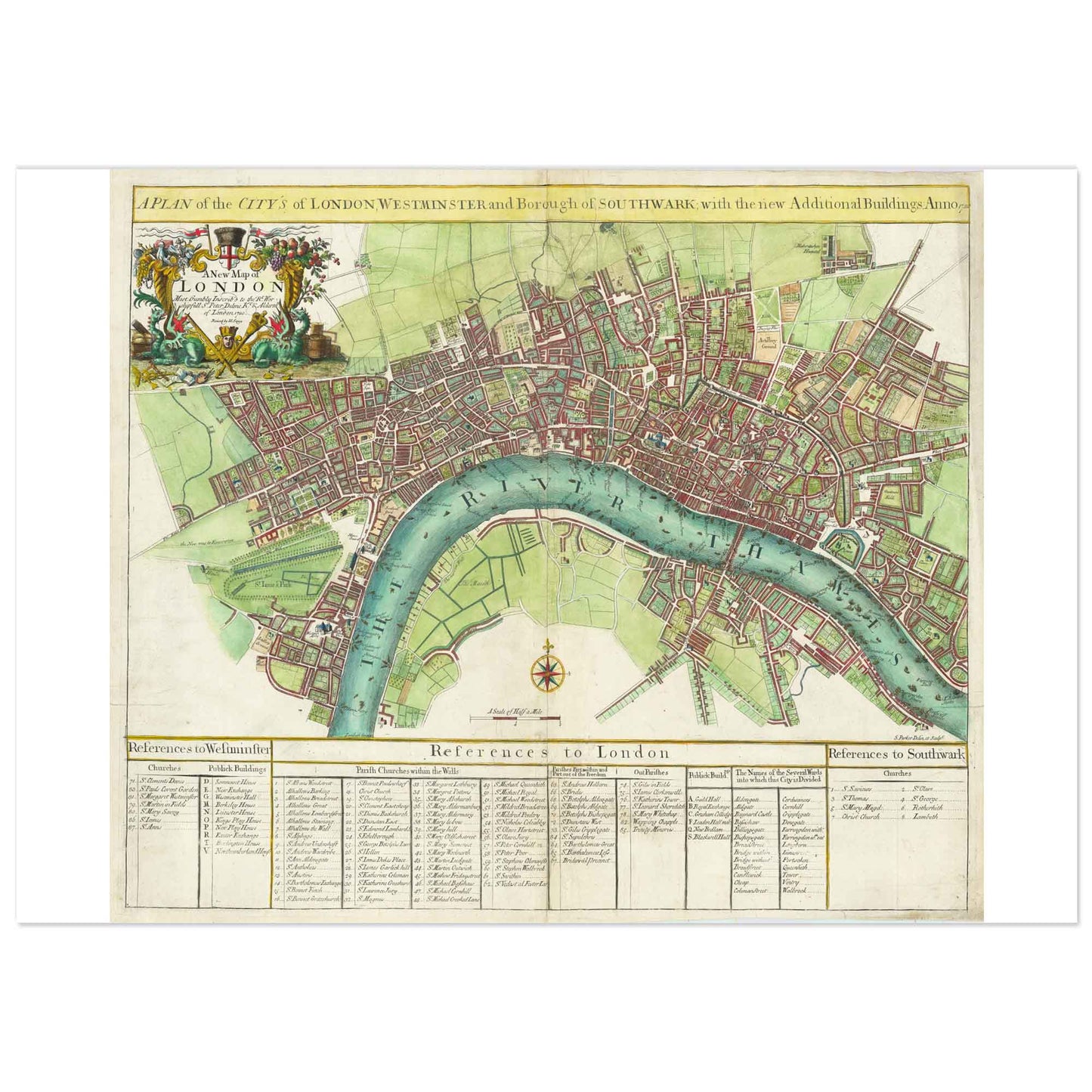 18th century map of London showing River Thames, city streets, and reference table of landmarks