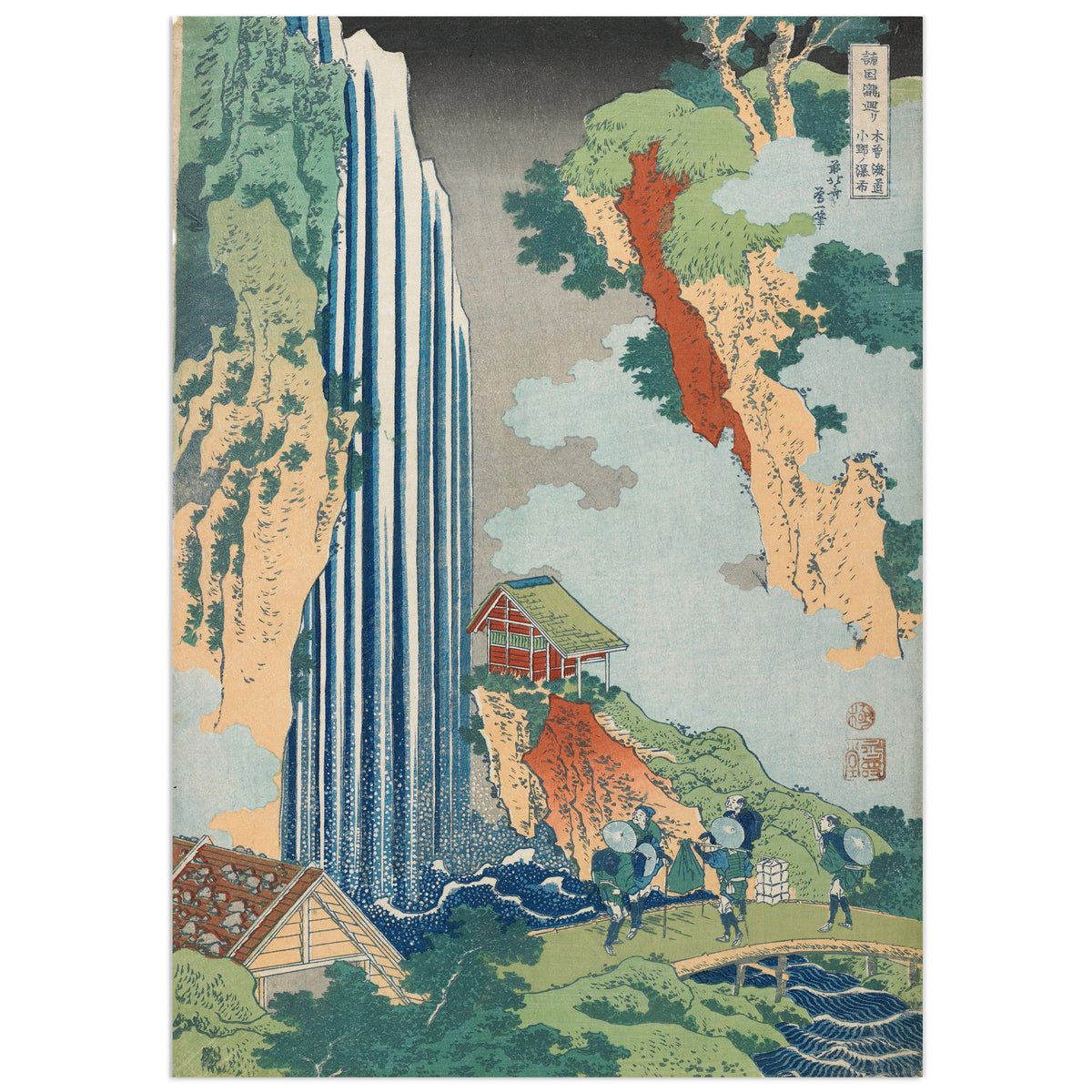The Waterfall at Ono on the Kisokaidō by Katsushika Hokusai: a tall waterfall in blue and white stripes beside green and ochre cliffs, a small red pavilion on a rock, and travellers on a path and a wooden bridge over a stream
