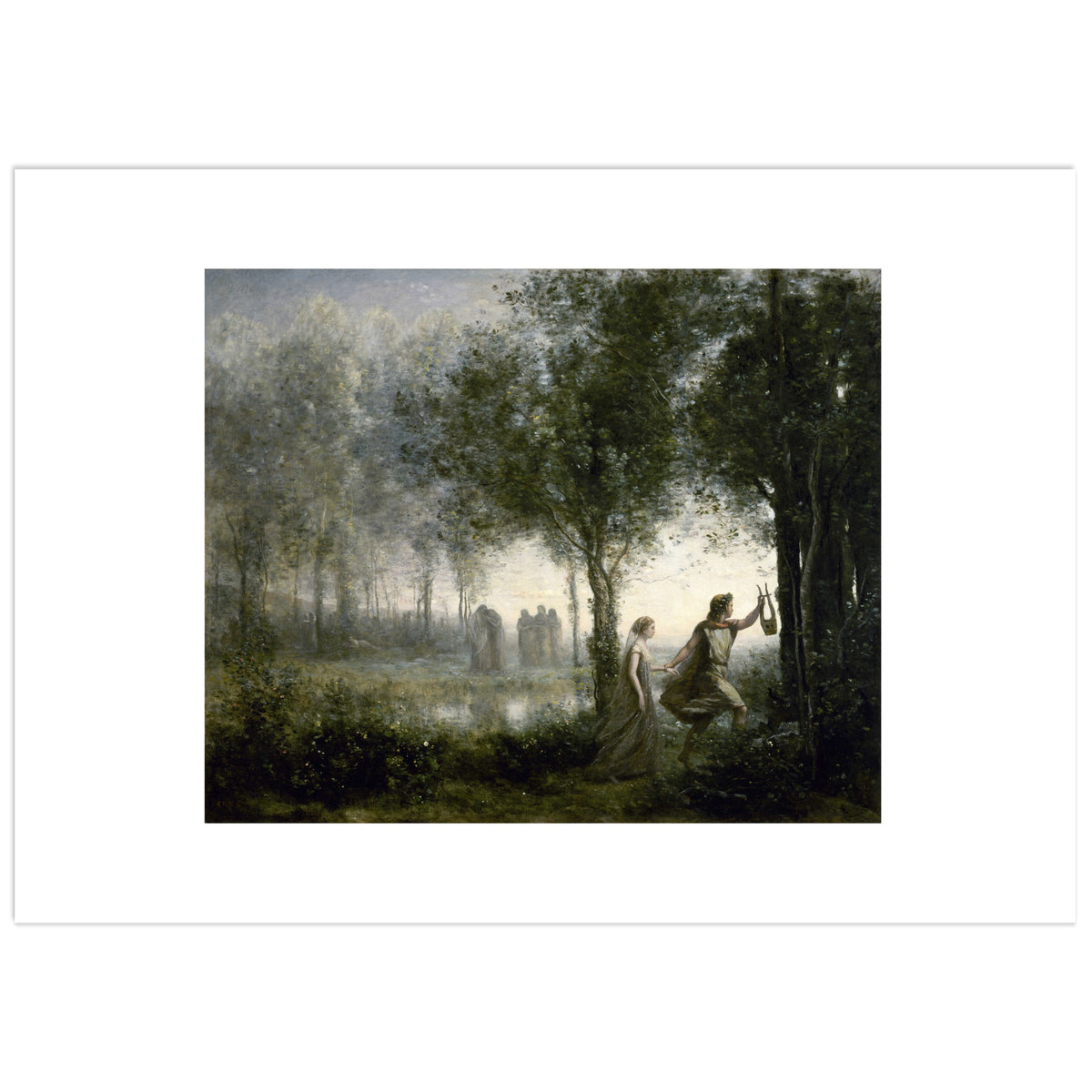 Orpheus Leading Eurydice from the Underworld by Camille Corot: Orpheus raising his lyre leads Eurydice by the hand through a misty silver-green wood, with pale distant figures among the trees