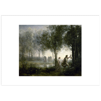 Orpheus Leading Eurydice from the Underworld by Camille Corot: Orpheus raising his lyre leads Eurydice by the hand through a misty silver-green wood, with pale distant figures among the trees