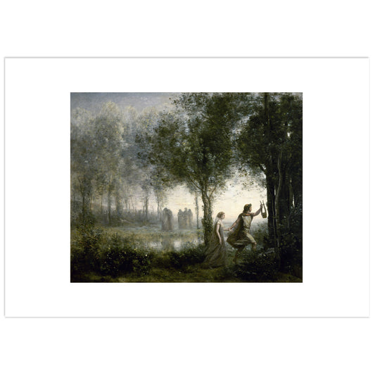 Orpheus Leading Eurydice from the Underworld by Camille Corot: Orpheus raising his lyre leads Eurydice by the hand through a misty silver-green wood, with pale distant figures among the trees