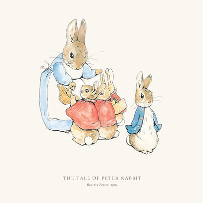 A classic watercolor illustration of Peter Rabbit on an off-white background, featuring Beatrix Potter's 'The Tale of Peter Rabbit' text at the bottom.