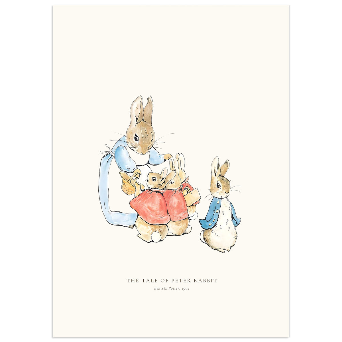 Beatrix Potter illustration of Mrs Rabbit in a blue dress and white apron holding a basket, bending over her three daughters in red cloaks, while Peter Rabbit in his blue jacket stands apart on the right