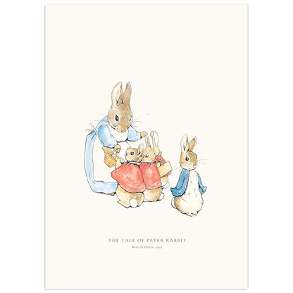 Beatrix Potter illustration of Mrs Rabbit in a blue dress and white apron holding a basket, bending over her three daughters in red cloaks, while Peter Rabbit in his blue jacket stands apart on the right