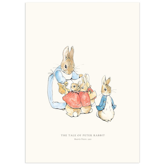 Beatrix Potter illustration of Mrs Rabbit in a blue dress and white apron holding a basket, bending over her three daughters in red cloaks, while Peter Rabbit in his blue jacket stands apart on the right