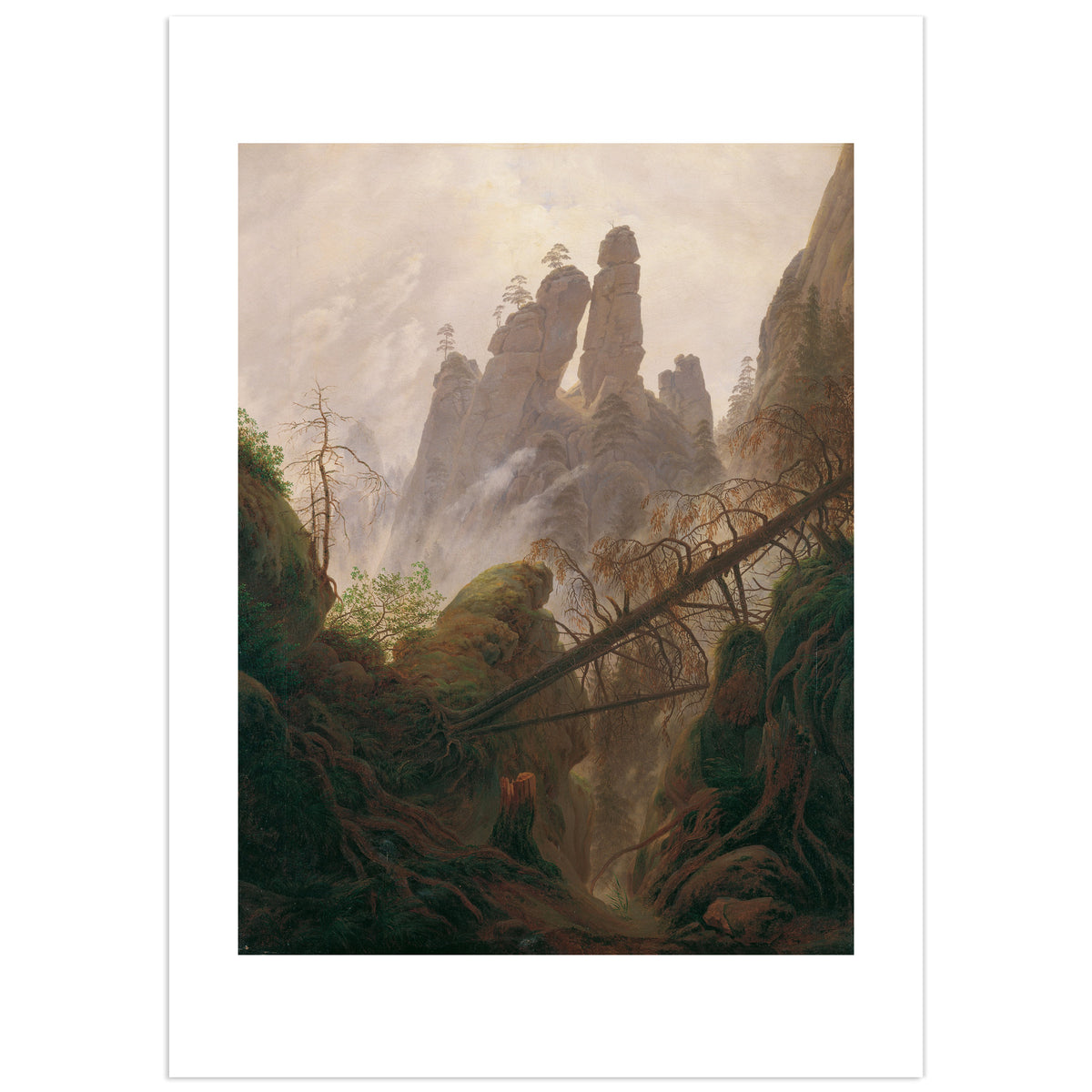 Rocky Landscape in the Elbe Sandstone Mountains by Caspar David Friedrich: steep sandstone rocks and dark fir trees in the foreground, with misty mountain ridges fading into the distance under a pale sky