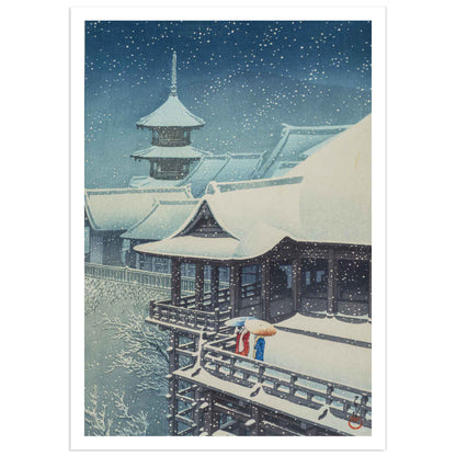 A woodblock print reproduction of 'Spring Snow in Kiyomizu, Kyoto' by Hasui Kawase, featuring a snowy scene with traditional Japanese architecture.