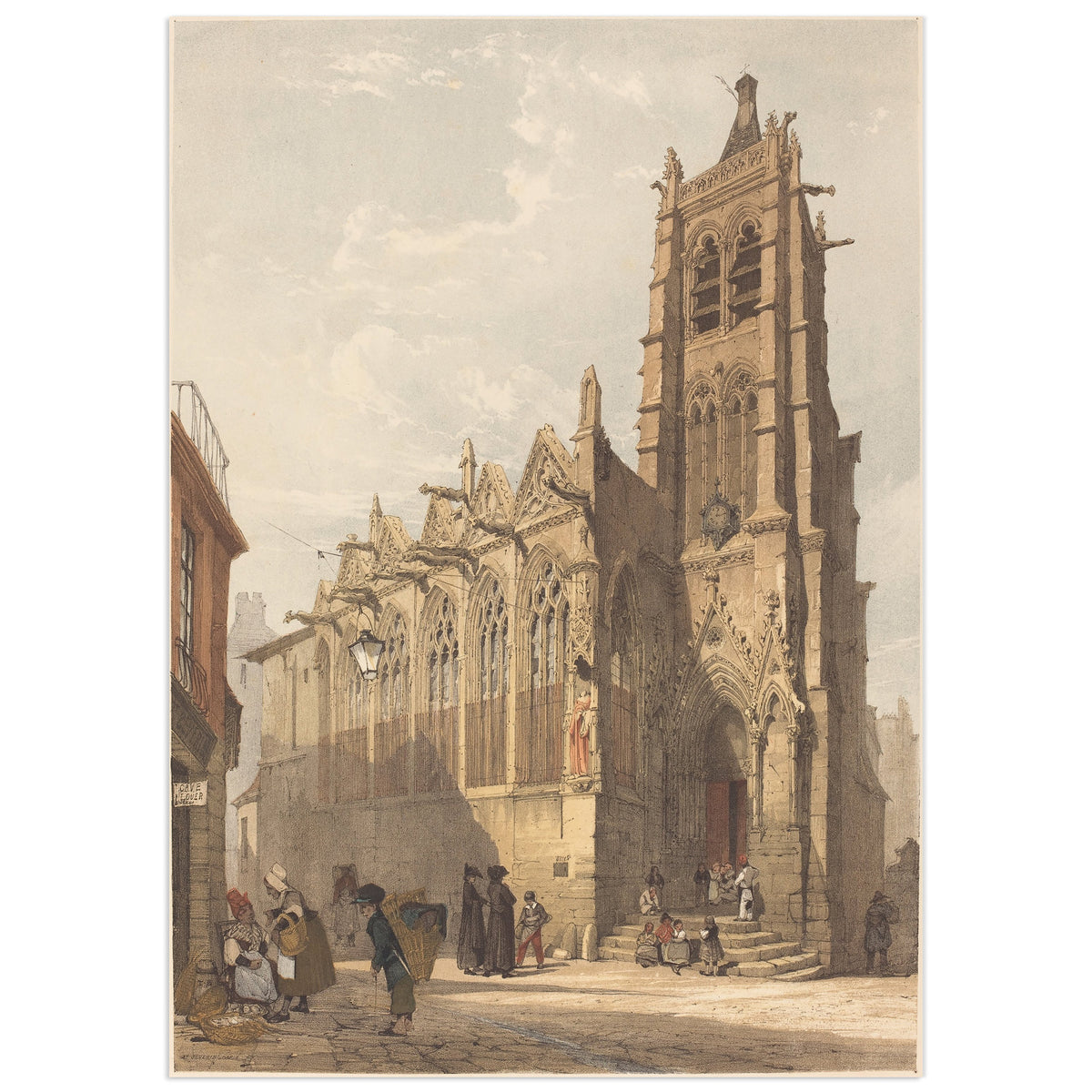 St. Séverin, Paris by Thomas Shotter Boys: a colour lithograph of the Gothic church of Saint-Séverin seen from a narrow Paris street lined with old houses, with small figures going by