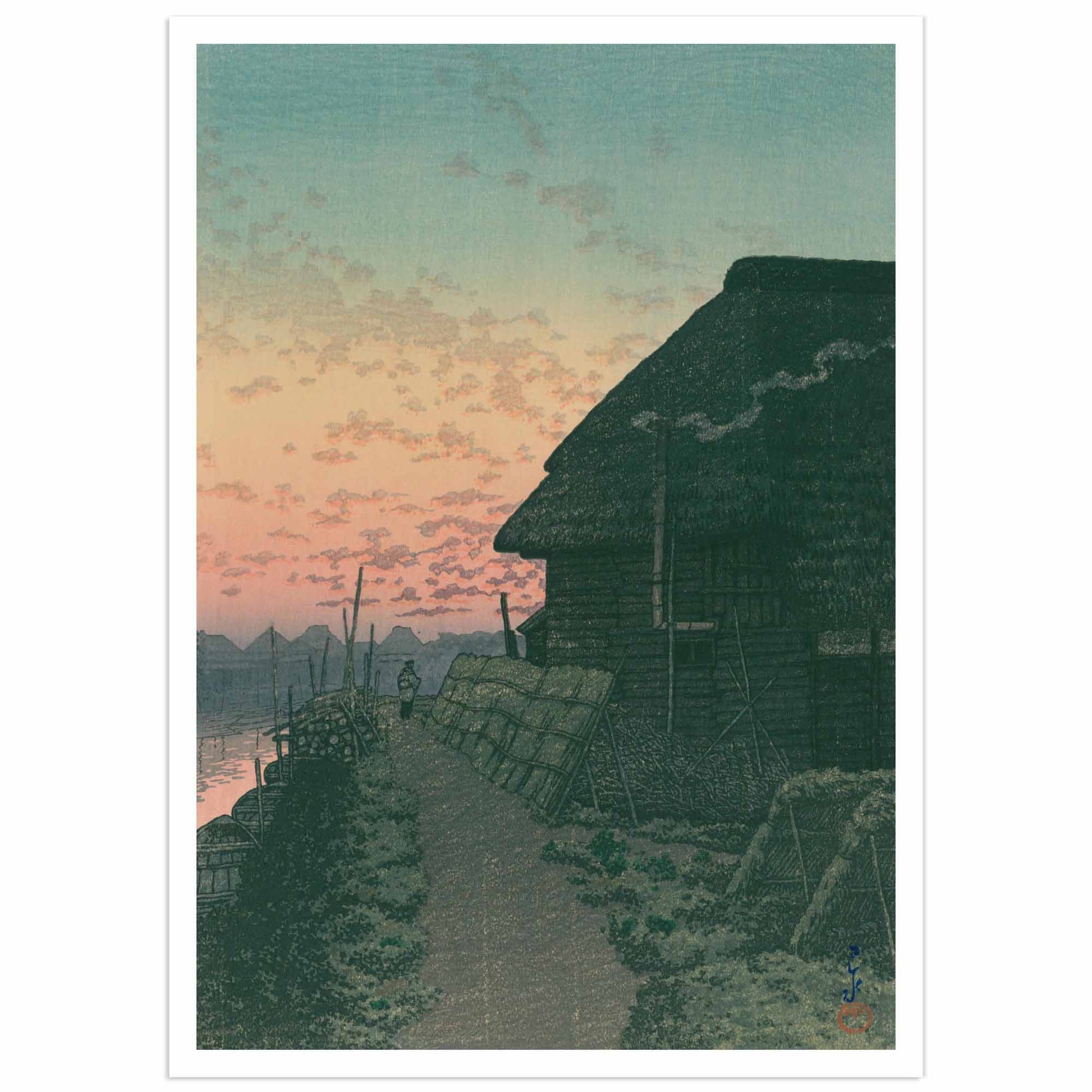 Kawase Hasui woodblock print from 1932 showing a solitary figure walking on a village path at sunset, with a traditional Japanese house silhouetted on the right, distant layered mountains fading into the haze, and a dramatic gradient sky transitioning from warm peach and coral to soft turquoise, in the shin-hanga style
