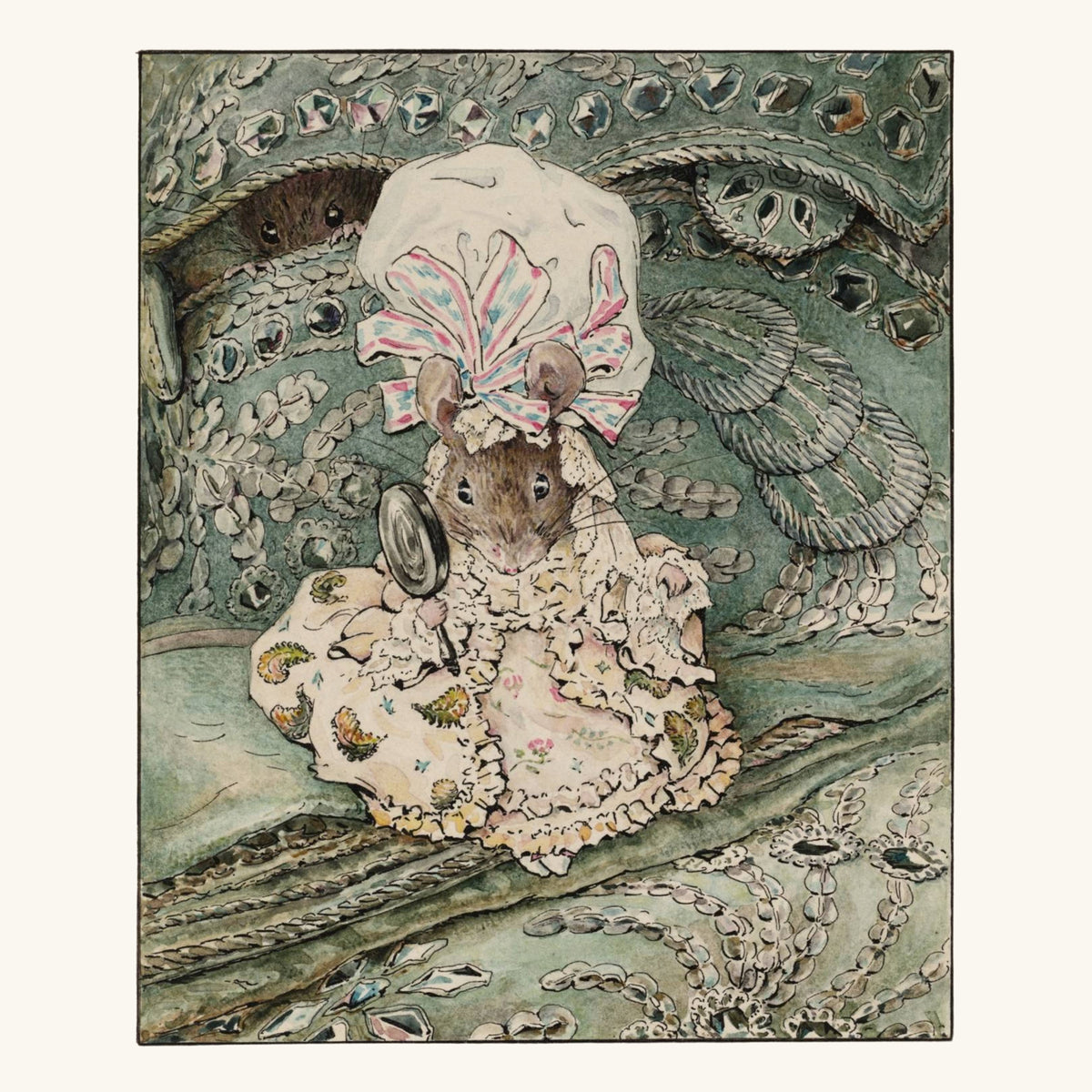 A vintage-style illustrated artwork showing a small mouse dressed in ornate pink and cream lace clothing, seated among shells and decorative elements. The piece is presented with a light border around it.