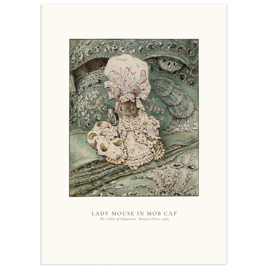 Beatrix Potter watercolour of a brown mouse in a frilled flowered dress and a large white mob cap with a pink and blue ribbon, holding a small hand mirror, sitting among green embroidered silks while another mouse peeks out from a fold