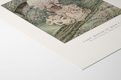 A close-up of a printed art poster or book page showing a detailed vintage-style illustration with the visible text 'LADY MOUSE IN MORAL CA.