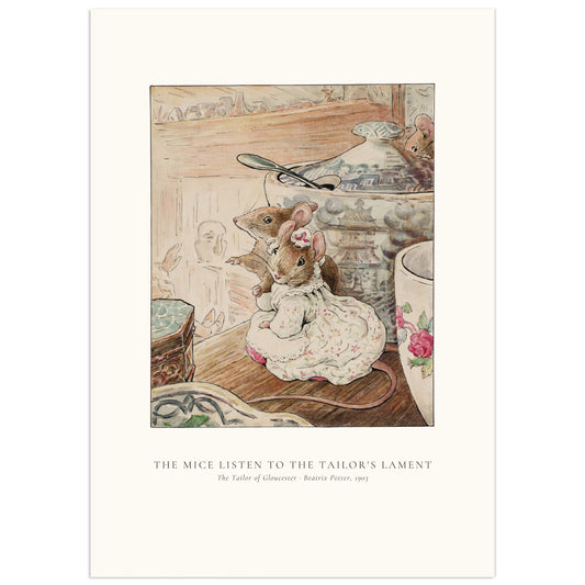 Beatrix Potter watercolour of two brown mice, one in a white flowered dress and mob cap, hiding beside a large blue and white Chinese tureen on a dresser and listening to the faint figure of the tailor, while a third mouse peeks over the tureen