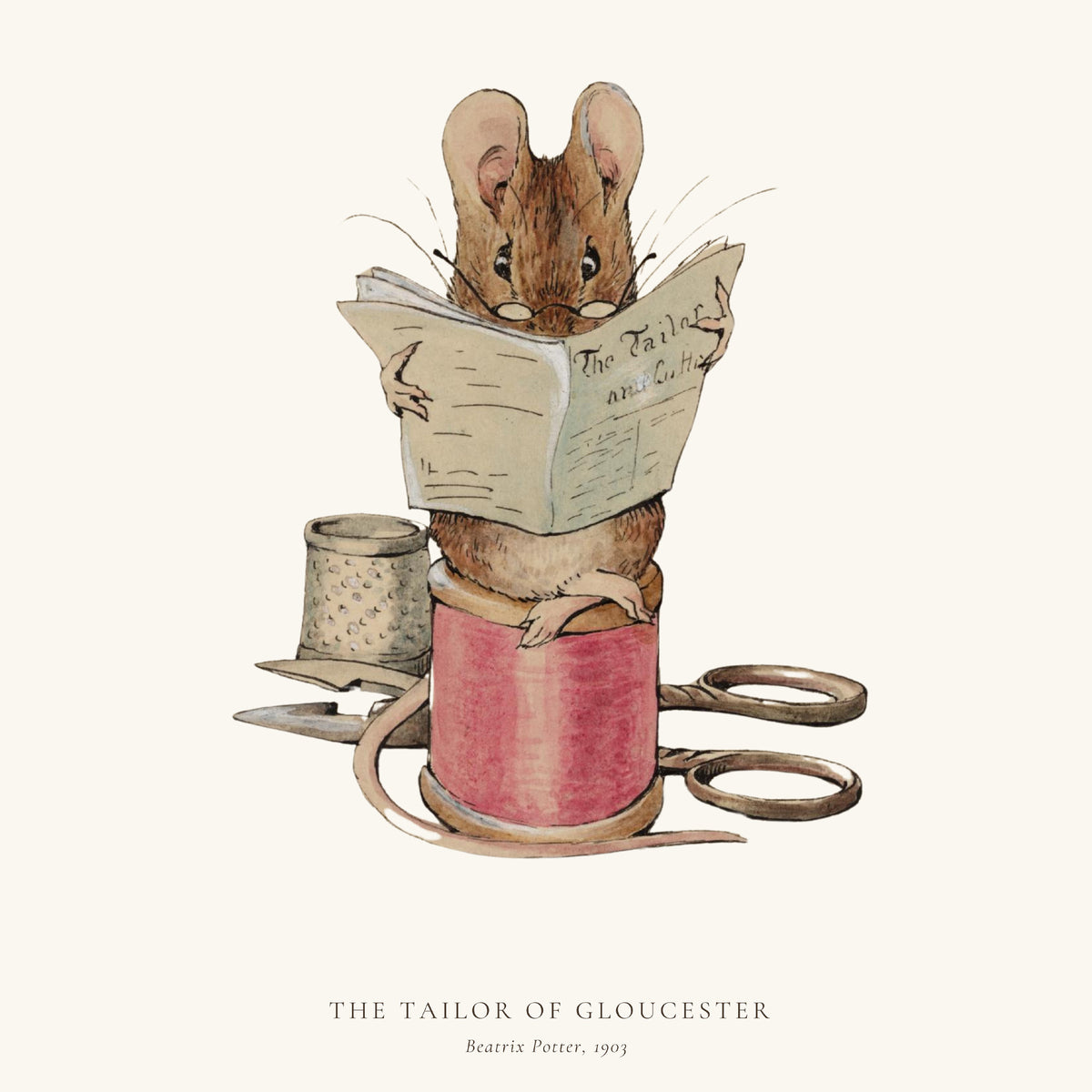 Beatrix Potter illustration of a brown mouse wearing tiny spectacles, reading a newspaper while sitting on a red cotton reel, beside a thimble and a pair of scissors