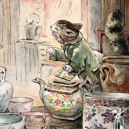A watercolor-style illustration of a cat in a green coat reaching toward a floral teapot on a table, with teacups and a chair in a softly painted indoor setting.