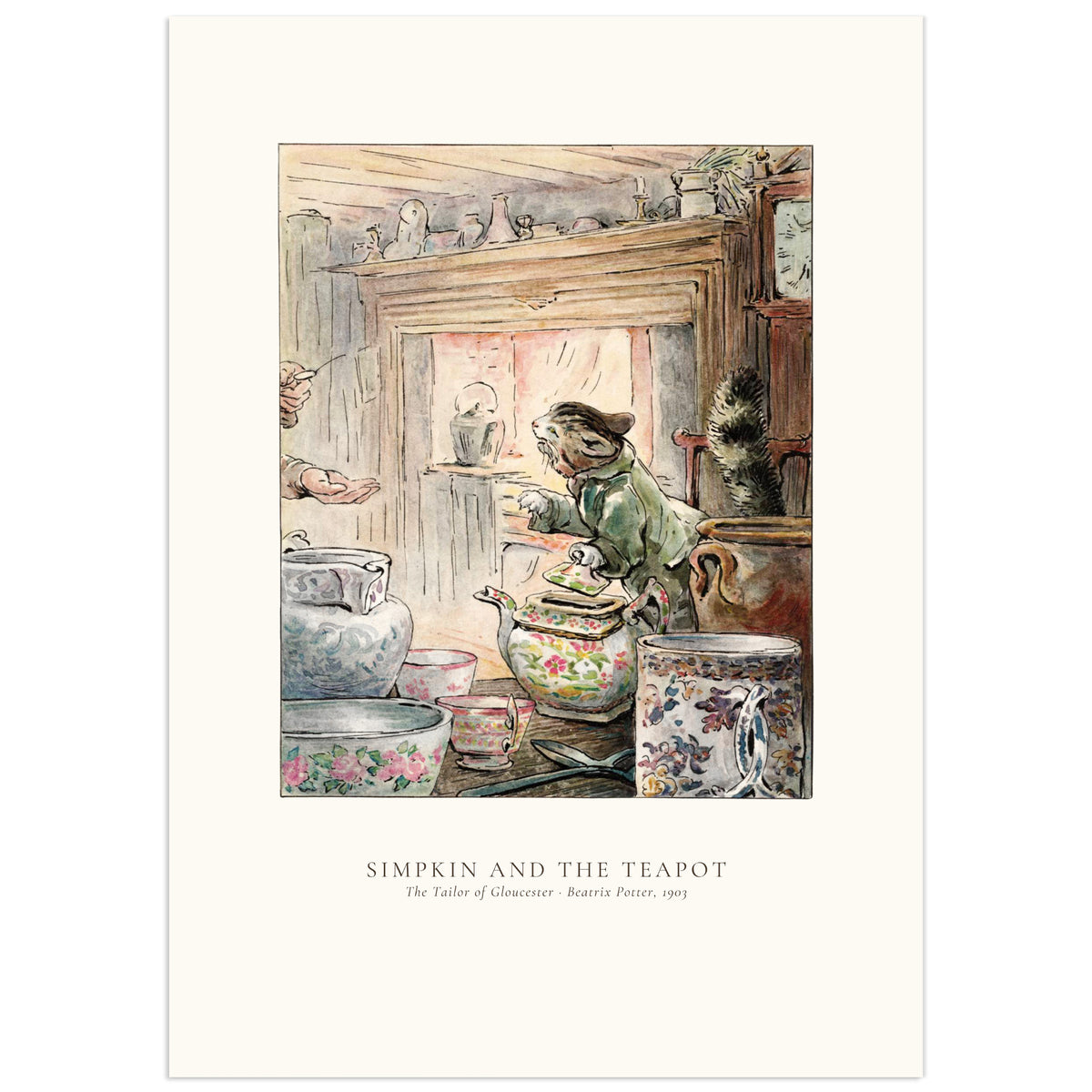Beatrix Potter watercolour of Simpkin, a tabby cat in a green coat, lifting the lid of a flowered china teapot in front of a fireplace, surrounded by bowls, cups and jugs, while the tailor's hand reaches out from the left
