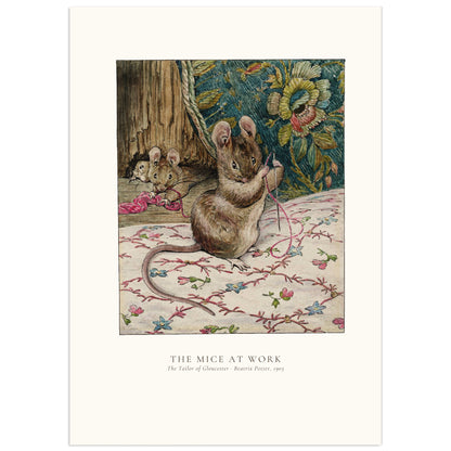 Beatrix Potter watercolour of a brown mouse sitting up on a white flowered chintz, threading a large needle with cherry-red silk, while two mice pull the skein out of a hole in the wooden wainscot, in front of a teal floral tapestry