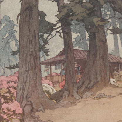 Detail of pink and white azaleas in Hiroshi Yoshida's Tea House in Azalea Garden woodblock print