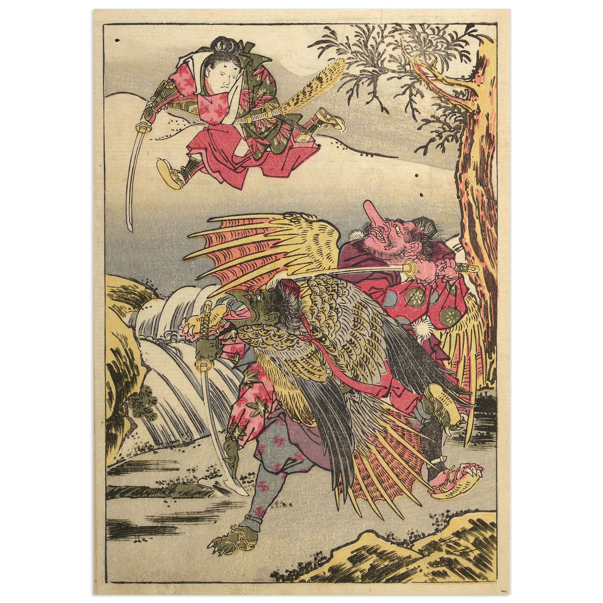 Tengu of Mount Kurama by Kitao Shigemasa (1787), Japanese woodblock print of a young samurai leaping with a sword above a red long-nosed tengu and a winged crow tengu beside a waterfall