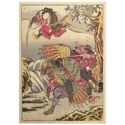 Tengu of Mount Kurama by Kitao Shigemasa (1787), Japanese woodblock print of a young samurai leaping with a sword above a red long-nosed tengu and a winged crow tengu beside a waterfall