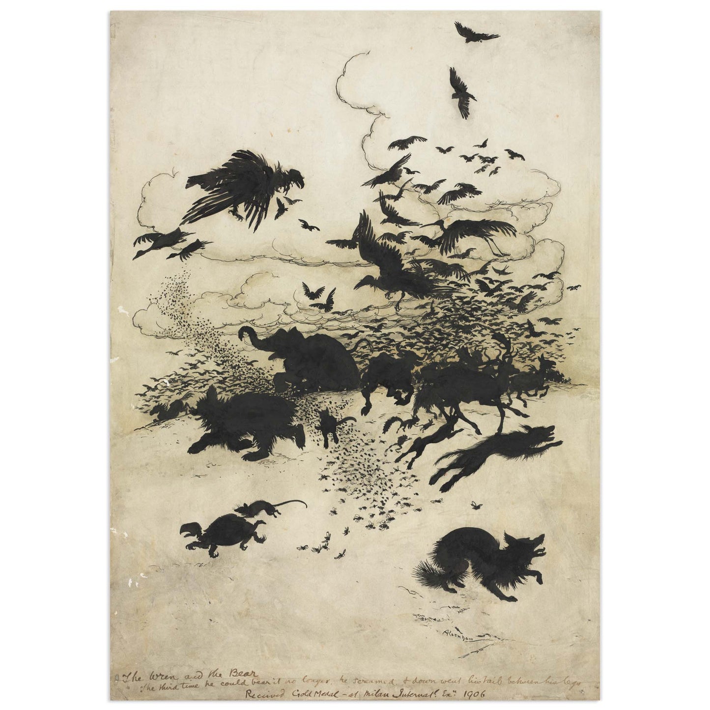 Arthur Rackham's The Wren and the Bear, a black ink illustration showing birds filling the sky above bears, an elephant, a fox, insects and other animals fleeing across the landscape