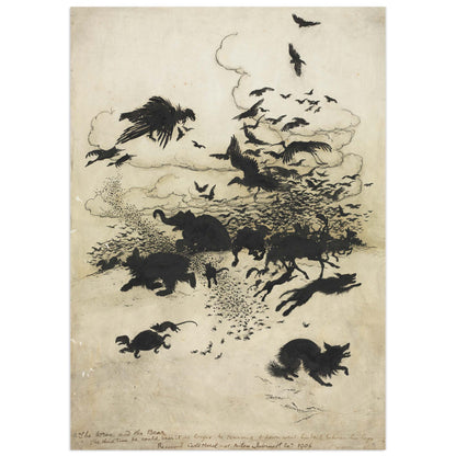 Arthur Rackham's The Wren and the Bear, a black ink illustration showing birds filling the sky above bears, an elephant, a fox, insects and other animals fleeing across the landscape