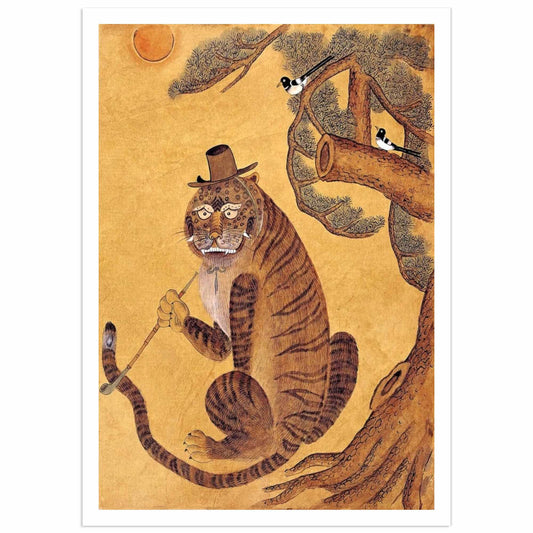 Minhwa Tiger Smoking a Pipe, with Magpies | Korean Folk Art