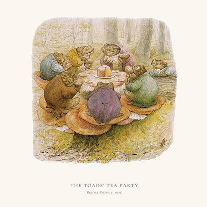 A vintage-style illustrated print showing a group of toads gathered around a small table in a forest, with a teapot and tea setting. The artwork is centered on an off-white background with the text 'THE TOADS' TEA PARTY' and 'Kearrie Potter, c.