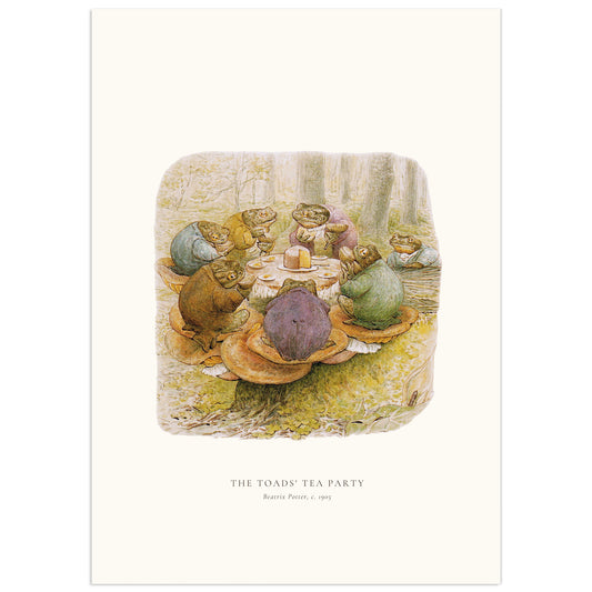 Beatrix Potter watercolour of six toads in blue, yellow, pink, brown, green and purple jackets sitting on mushrooms around a toadstool table with cake, drinking from acorn cups in a forest, while a seventh toad watches