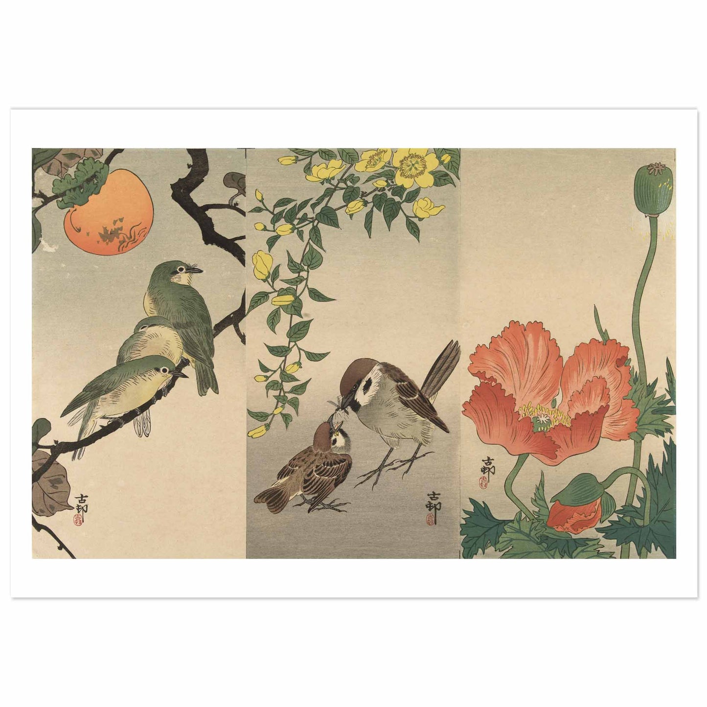 triptyque avec fleurs et oiseaux, Ohara Koson