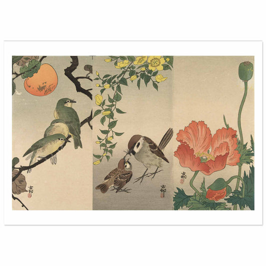 triptych with flowers and birds, Ohara Koson