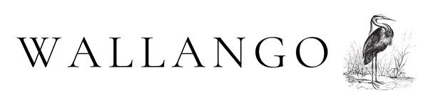 Black brand logo text reading WALLANGO with a detailed black-and-white illustration of a heron standing in reeds on the right, set on a plain white background.