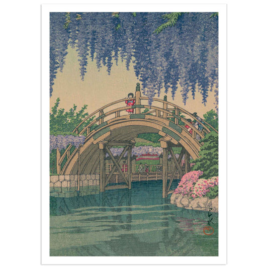 A Japanese woodblock print featuring a bridge with wisteria flowers in the background and a figure standing on the bridge looking at the flowers.